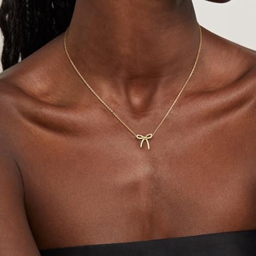 Gold Necklace for Women - Bow Necklace 14K Dainty Gold Necklace Cute Small Tiny Bow Pendant Choker Chain Necklace Trendy Necklaces for Women Gold Jewelry Gift