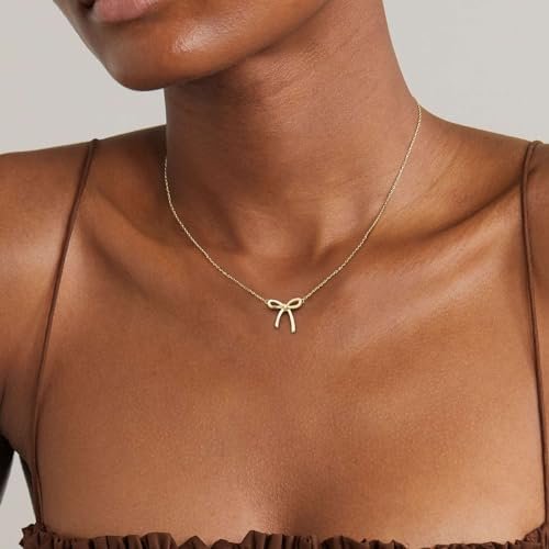 Gold Necklace for Women - Bow Necklace 14K Dainty Gold Necklace Cute Small Tiny Bow Pendant Choker Chain Necklace Trendy Necklaces for Women Gold Jewelry Gift