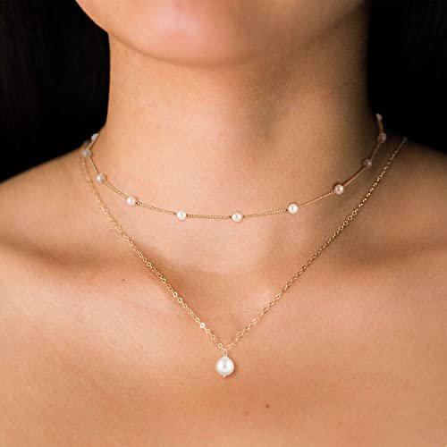 Gold Pearl Necklace for Women, 14K Gold Plated Layered Pearl Necklaces for Women Trendy Simple Herringbone Chain Pearl Necklace for Women Gold Jewelry Gifts