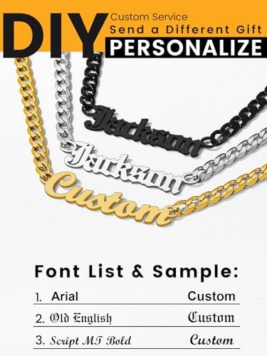 GOLDCHIC JEWELRY Name Necklace Personalized for Men, Womens Custom Name Plate Chain, Stainless Steel Customized Old English Nameplate Choker with Curb Chains Custom, 16 inches...