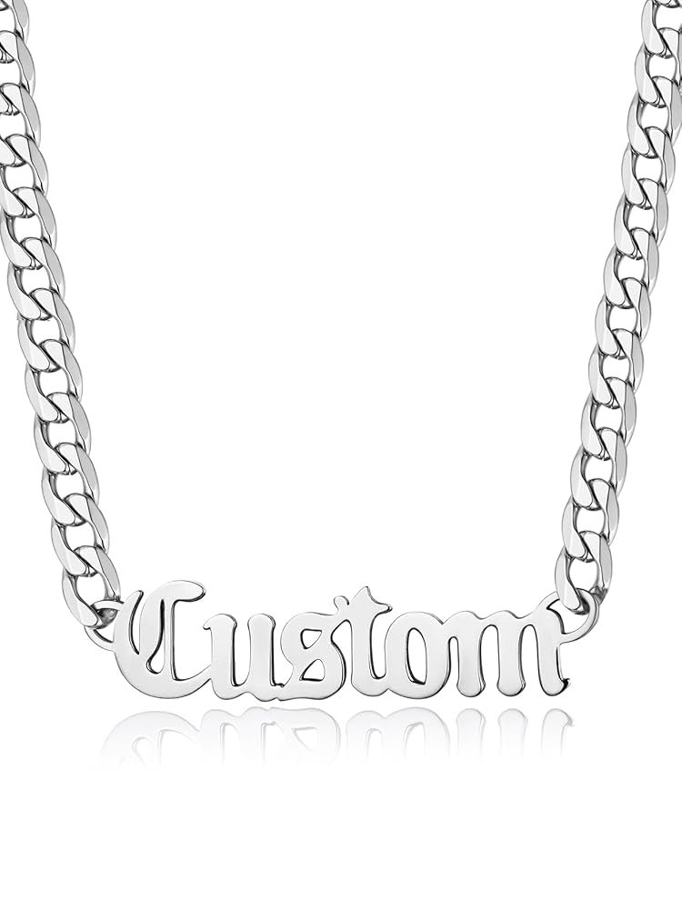 GOLDCHIC JEWELRY Name Necklace Personalized for Men, Womens Custom Name Plate Chain, Stainless Steel Customized Old English Nameplate Choker with Curb Chains Custom, 16 inches...