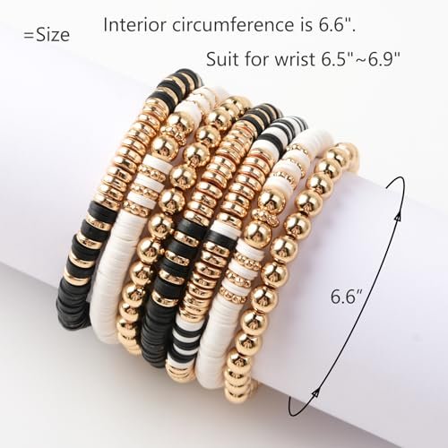 GOOJIDS Surfer Heishi Clay Bead Bracelets for Women Bohemian Stackable Gold Beaded Stretch Bracelets Elastic Layering Friendship Bracelets Set Boho Jewelry