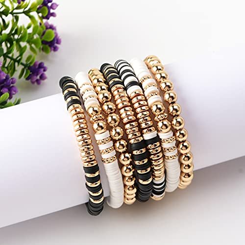 GOOJIDS Surfer Heishi Clay Bead Bracelets for Women Bohemian Stackable Gold Beaded Stretch Bracelets Elastic Layering Friendship Bracelets Set Boho Jewelry