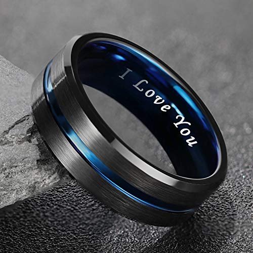 Greenpod Mens Tungsten Ring Wedding Band 6mm 8mm 10mm Engraved I Love You Thin Blue/Rose Gold/Black Centre Groove Comfort Fit Size 6-17