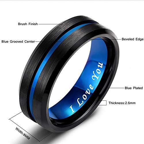 Greenpod Mens Tungsten Ring Wedding Band 6mm 8mm 10mm Engraved I Love You Thin Blue/Rose Gold/Black Centre Groove Comfort Fit Size 6-17