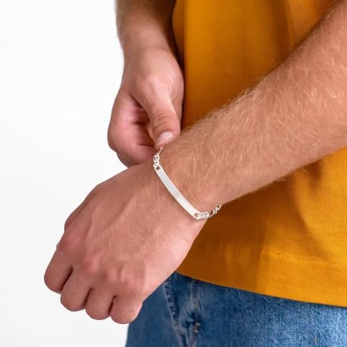 Handmade - Personalized Amigo ID Bracelet with Diamond Option - Engraved Gift for Him, Men (Without Diamond, Sterling Silver)
