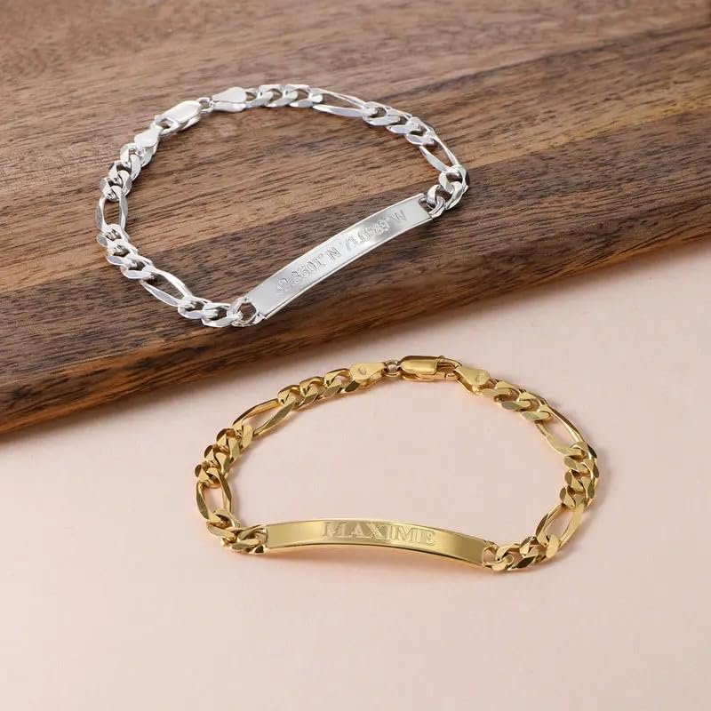 Handmade - Personalized Amigo ID Bracelet with Diamond Option - Engraved Gift for Him, Men (Without Diamond, Sterling Silver)