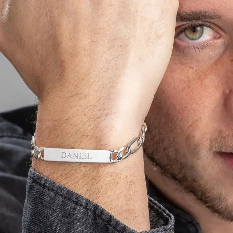 Handmade - Personalized Amigo ID Bracelet with Diamond Option - Engraved Gift for Him, Men (Without Diamond, Sterling Silver)