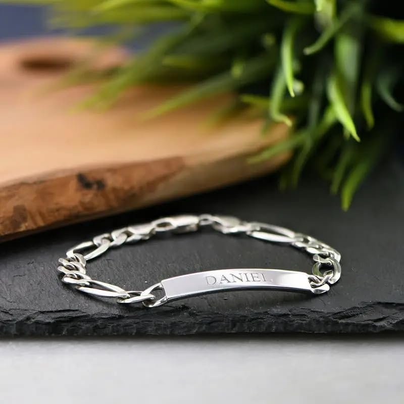 Handmade - Personalized Amigo ID Bracelet with Diamond Option - Engraved Gift for Him, Men (Without Diamond, Sterling Silver)