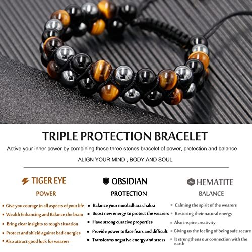 HASKARE Triple Protection Bracelet, Genuine Tigers Eye Black Obsidian and Hematite 8mm Beads Bracelet for Men Women, Crystal Jewelry Stone Bracelets Christmas Gifts for Men...