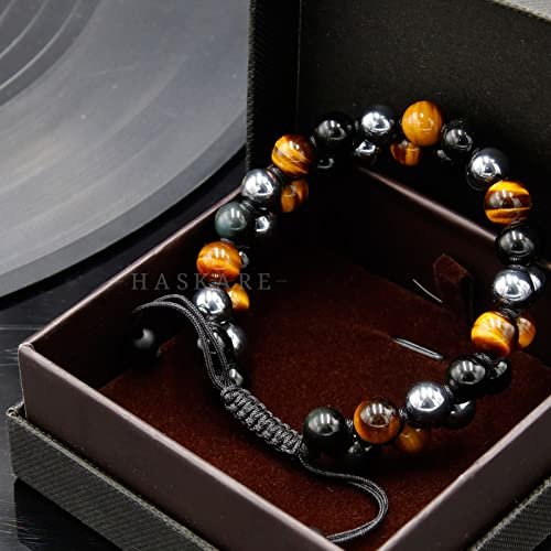 HASKARE Triple Protection Bracelet, Genuine Tigers Eye Black Obsidian and Hematite 8mm Beads Bracelet for Men Women, Crystal Jewelry Stone Bracelets Christmas Gifts for Men...