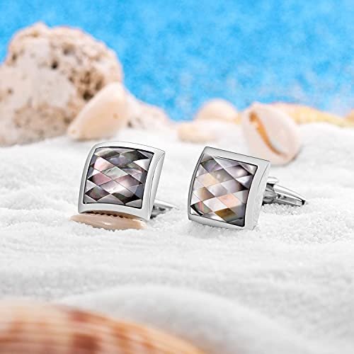HAWSON Cufflinks for Men Gift Box Packing, Handmade Classic Mother of Pearl Silver Cuff Links for Men’s French Shirt, Personalized Gifts Accessories for Men