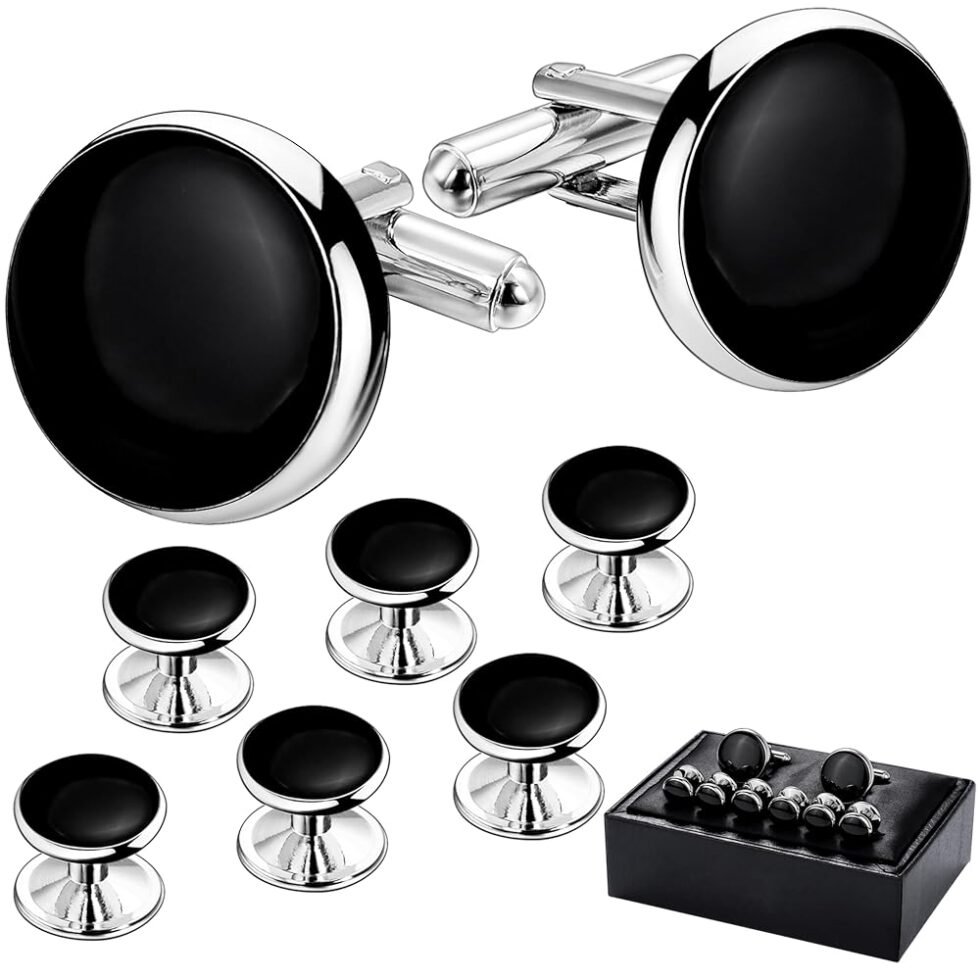 HAWSON Men’s Cufflinks and Tuxedo Studs Set with Gift Box; Men’s Jewelry or Accessories Suitable for Black Suit White Shirts Vest and Red Bow tie on Wedding or Anniversary and...