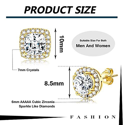 Hayoso 18K Gold Plated Halo Stud Earrings 925 Sterling Silver Cubic Zirconia Stud Earrings Round Square Diamonique Stud Earrings Set for Women Men