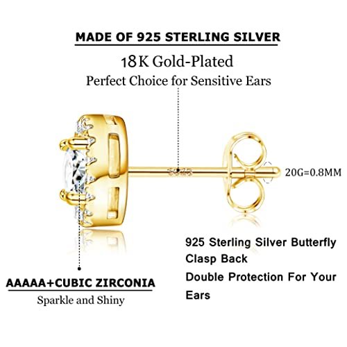 Hayoso 18K Gold Plated Halo Stud Earrings 925 Sterling Silver Cubic Zirconia Stud Earrings Round Square Diamonique Stud Earrings Set for Women Men