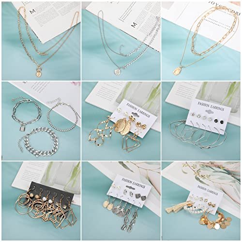 Henoyso 78 Pcs Jewelry Sets for Women with 6 Pcs Necklace 16 Pcs Aesthetic Bracelet 36 Pairs Dangle Earrings 20 Pcs Knuckle Rings Valentine Anniversary Birthday Party Gift
