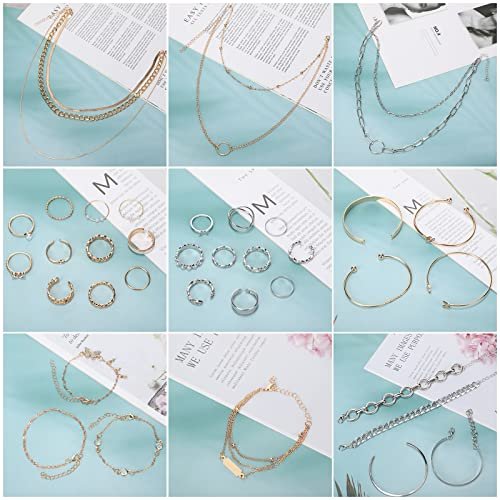 Henoyso 78 Pcs Jewelry Sets for Women with 6 Pcs Necklace 16 Pcs Aesthetic Bracelet 36 Pairs Dangle Earrings 20 Pcs Knuckle Rings Valentine Anniversary Birthday Party Gift