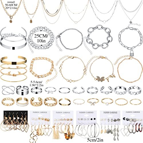 Henoyso 78 Pcs Jewelry Sets for Women with 6 Pcs Necklace 16 Pcs Aesthetic Bracelet 36 Pairs Dangle Earrings 20 Pcs Knuckle Rings Valentine Anniversary Birthday Party Gift