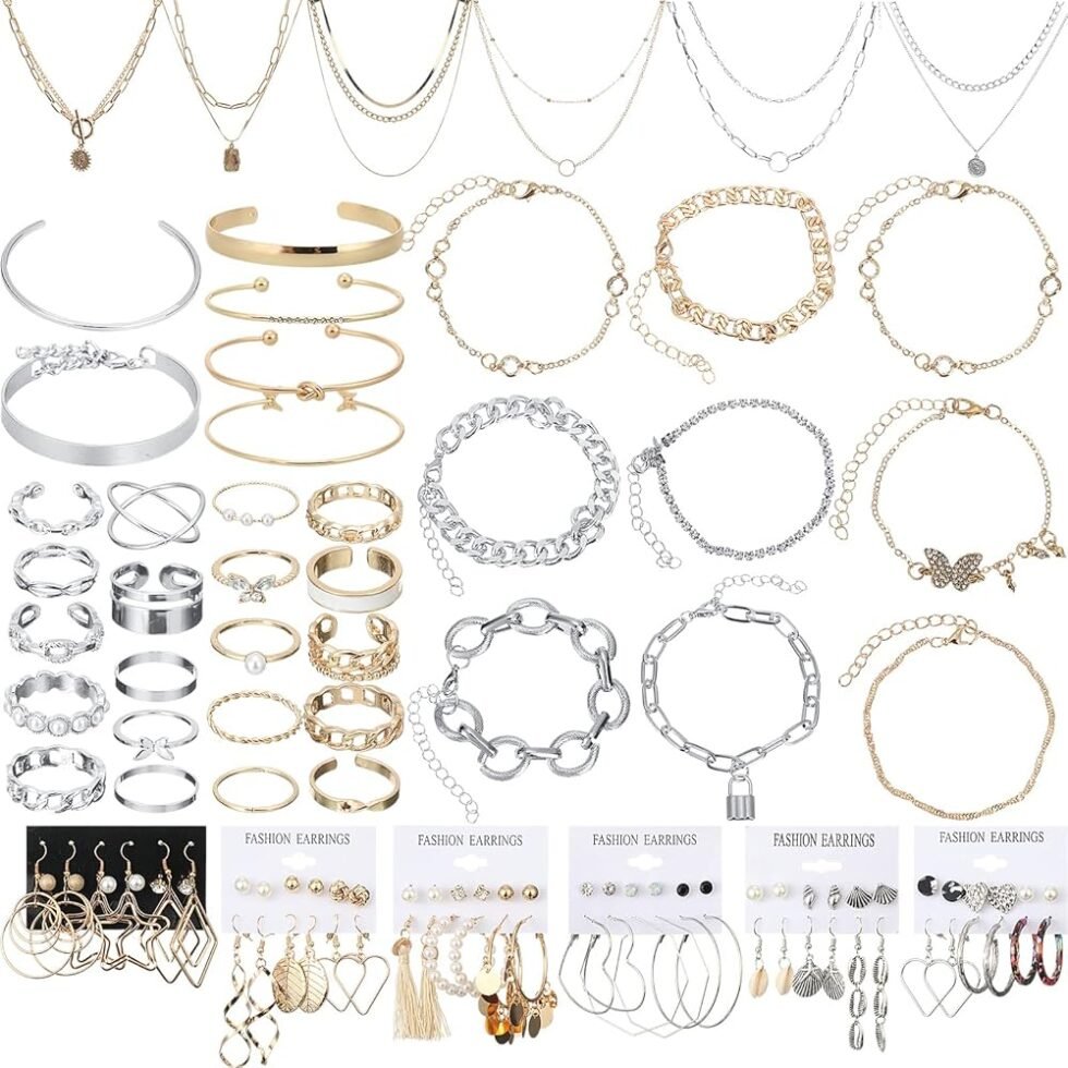 Henoyso 78 Pcs Jewelry Sets for Women with 6 Pcs Necklace 16 Pcs Aesthetic Bracelet 36 Pairs Dangle Earrings 20 Pcs Knuckle Rings Valentine Anniversary Birthday Party Gift
