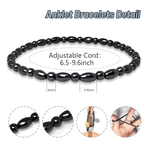 Hion 2 Pack Hematite Therapy Anklet Bracelet for Women/Men