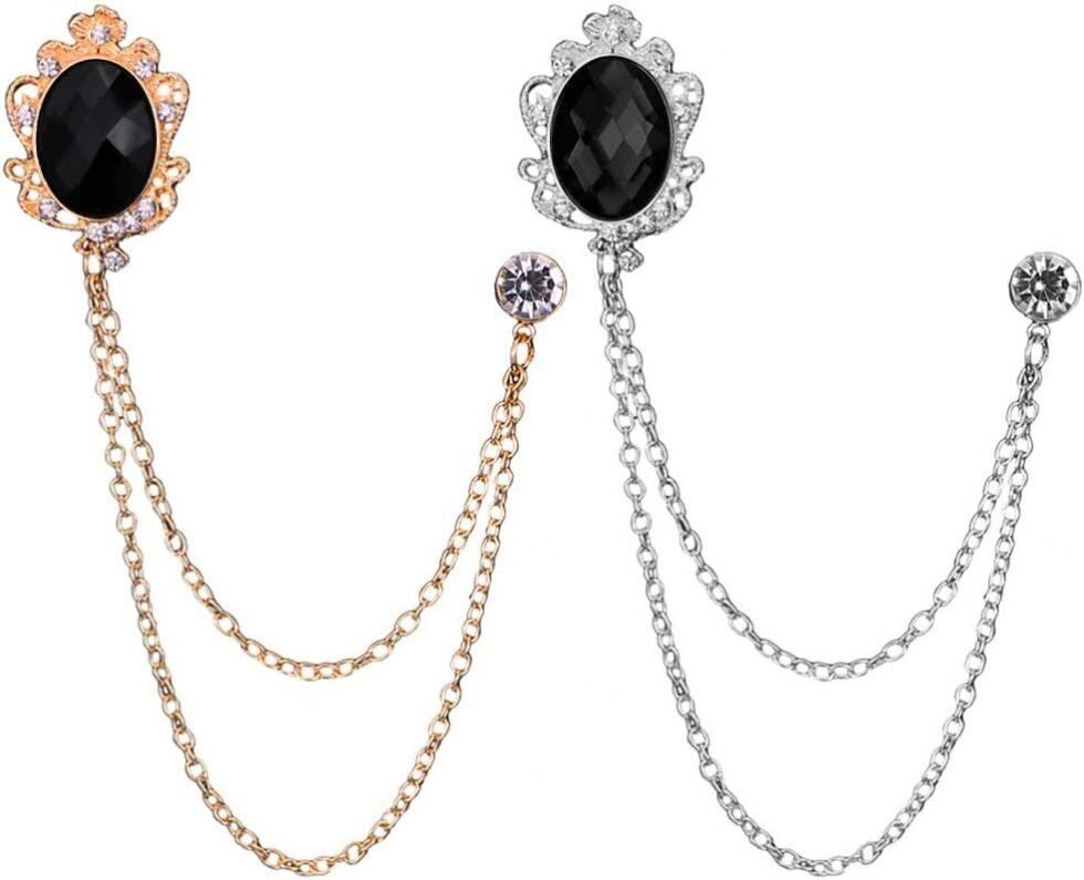 Huture 2 Packs Men's Gem Brooch Lapel Pin Badge Hanging Chains Collar Brooches Pin for Career Suit Tuxedo of Shirts Tie Hat Scarf for Boyfriend Father Birthday Gift, Gold Silver...