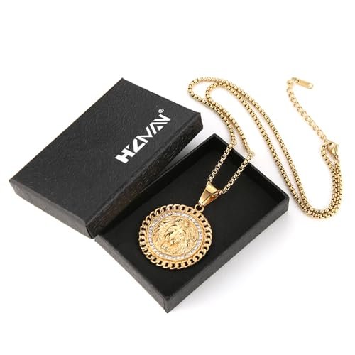 HZMAN 18K Gold Plated Lion Head Necklace Pendant for Men Boys Stainless Steel Hip Hop Rock Lion King Necklaces Charm Animal Amulet Jewelry