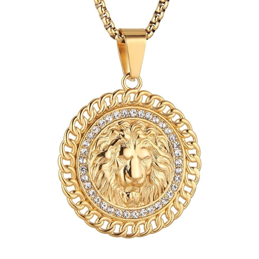 HZMAN 18K Gold Plated Lion Head Necklace Pendant for Men Boys Stainless Steel Hip Hop Rock Lion King Necklaces Charm Animal Amulet Jewelry