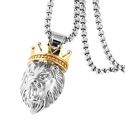 HZMAN Men's Silver Gold Tone Stainless Steel Lion King Pendant Necklace Cable Wheat 22+2" Chain