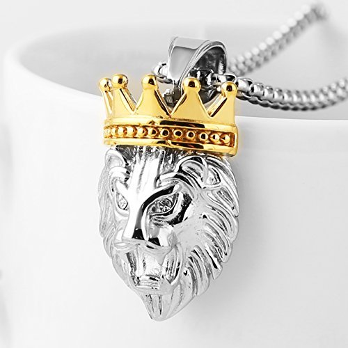 HZMAN Men's Silver Gold Tone Stainless Steel Lion King Pendant Necklace Cable Wheat 22+2" Chain