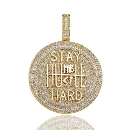 ICEDIAMOND 14K Gold Plated Stay Humble-Hustle Hard Encourage Pendant Necklace, Iced Out CZ Diamond Hip Hop Charm Jewelry for Men Women