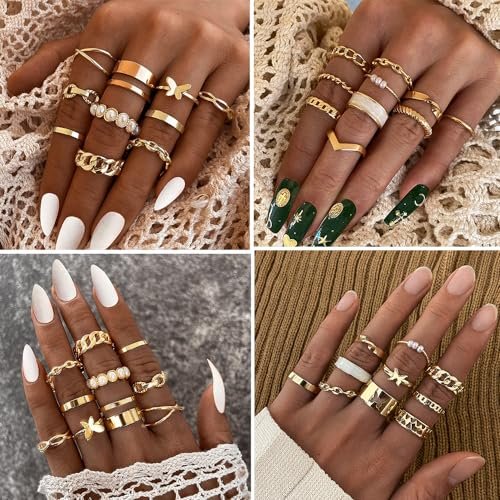 iF YOU 30 Pcs Gold Rings Set for Women, Boho Stackable Midi Rings, Silver Knuckle Rings Pack