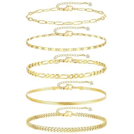 iF YOU Gold Ankle Bracelets for Women, 14k Gold Plated Waterproof Cuban Link Chain Anklets Set, Layered Anklet Bracelets for Women Beach Gift Adjustable Size 5pc