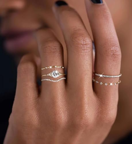 iF YOU Gold Rings for Women Non Tarnish - Dainty 14K Gold Plated Stackable Cubic Zirconia Knuckle Ring Set, Statement Promise Wedding Bands Engagement Rings Size 6 7 8 9 10