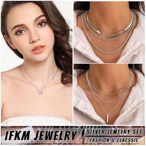 IFKM 36 PCS Silver Plated Jewelry Set with 3 PCS Necklace, 12 PCS Bracelet, 7 PCS Ear Cuffs Earring, 14 Pcs Knuckle Rings for Women Girls Valentine Anniversary Birthday...