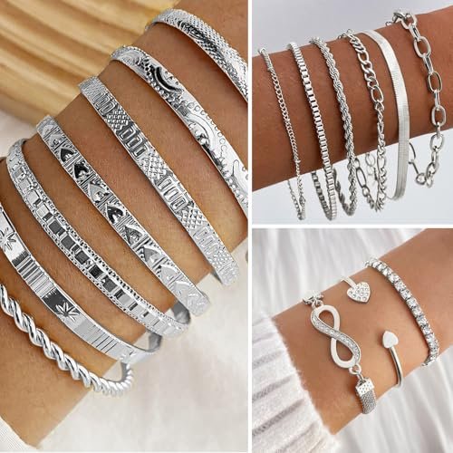 IFKM 36 PCS Silver Plated Jewelry Set with 3 PCS Necklace, 12 PCS Bracelet, 7 PCS Ear Cuffs Earring, 14 Pcs Knuckle Rings for Women Girls Valentine Anniversary Birthday...