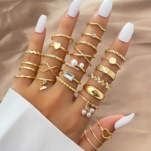 IFKM 51 Pcs Gold Knuckle Rings Set For Women Girls Vintage Stackable Joint Finger Midi Rings Dainty Cubic Zirconia Crystal Simple Twist Hollow Cute Rings Pack Jewelry Gift