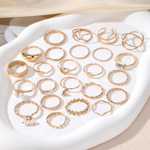 IFKM 51 Pcs Gold Knuckle Rings Set For Women Girls Vintage Stackable Joint Finger Midi Rings Dainty Cubic Zirconia Crystal Simple Twist Hollow Cute Rings Pack Jewelry Gift