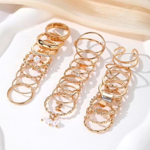 IFKM 51 Pcs Gold Knuckle Rings Set For Women Girls Vintage Stackable Joint Finger Midi Rings Dainty Cubic Zirconia Crystal Simple Twist Hollow Cute Rings Pack Jewelry Gift