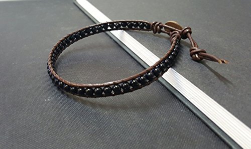 Infinityee888 Onyx Bead Anklet bracelet 10-10.5 inches woven with Leather cord beautiful handmade hippie bohemian Unisex Anklet Gift Idea for Both Men Women Boy Girl