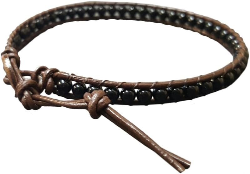 Infinityee888 Onyx Bead Anklet bracelet 10-10.5 inches woven with Leather cord beautiful handmade hippie bohemian Unisex Anklet Gift Idea for Both Men Women Boy Girl