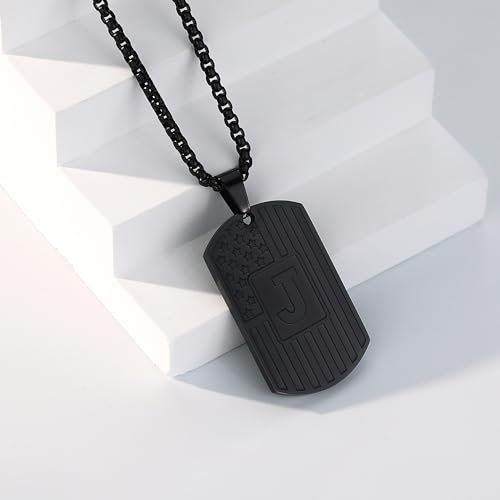 Initial A-Z Necklace for Men American Flag Dog Tag A-Z Pendant Stainless Steel Chain 22+2 Inches Personalized Patriotic Jewelry for Men