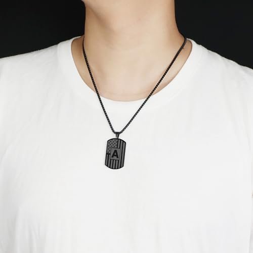 Initial A-Z Necklace for Men American Flag Dog Tag A-Z Pendant Stainless Steel Chain 22+2 Inches Personalized Patriotic Jewelry for Men