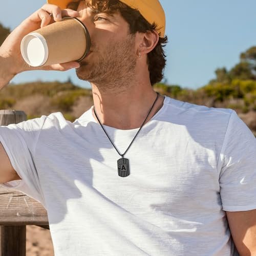 Initial A-Z Necklace for Men American Flag Dog Tag A-Z Pendant Stainless Steel Chain 22+2 Inches Personalized Patriotic Jewelry for Men