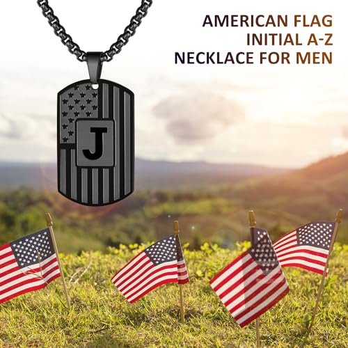 Initial A-Z Necklace for Men American Flag Dog Tag A-Z Pendant Stainless Steel Chain 22+2 Inches Personalized Patriotic Jewelry for Men