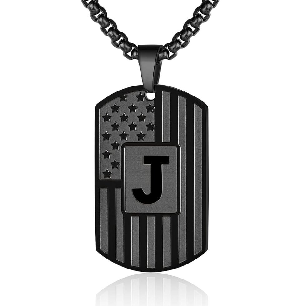 Initial A-Z Necklace for Men American Flag Dog Tag A-Z Pendant Stainless Steel Chain 22+2 Inches Personalized Patriotic Jewelry for Men