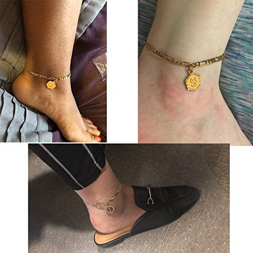 Initial Ankle Bracelets for Women Men, 18K Gold Silver Figaro Cuban Link Anklet Bracelet for Women Teen Girls, Custom Name Gold Anklet with Initials