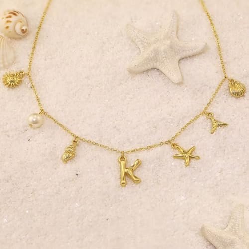 Initial Charm Necklace For Women Shell Letter Necklaces Gold Charms Pendant Boho Summer Seashell Beach 14k Starfish Surfer Jewelry Gifts