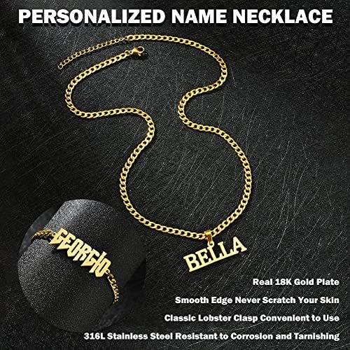 Jecivila Name Necklace Personalized for Men 18K Gold Plate Mens Custom Name Initial Number Necklace with Rope Figaro Curb Chain Personalized Jewelry Gifts for Dad Grandfather...