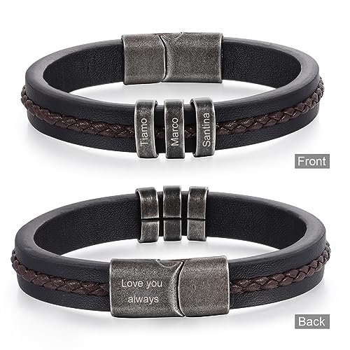 Jeweidea Personalized Leather Bracelet with Name Beads, Custom Braided Bangle Father's Day Engraved Jewelry Gifts for Men Dad Him Husband