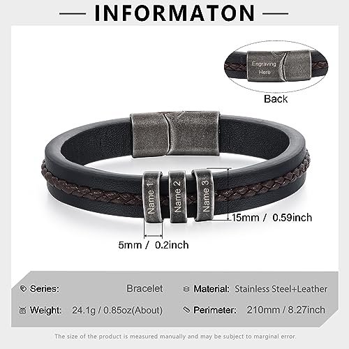 Jeweidea Personalized Leather Bracelet with Name Beads, Custom Braided Bangle Father's Day Engraved Jewelry Gifts for Men Dad Him Husband